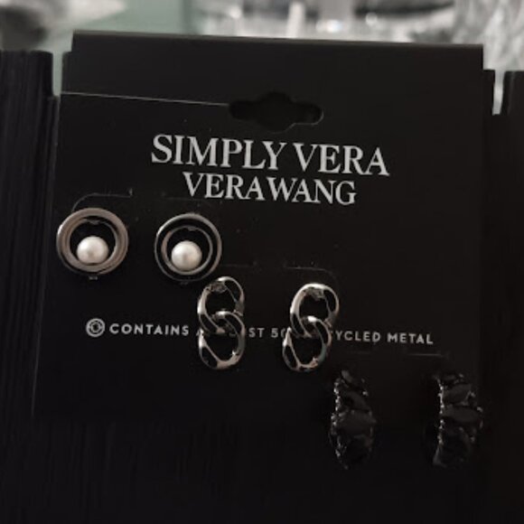 VERA WANG 3pc Goth Gunmetal Chain/Circle w/ Pearl/Black Crystal Hoop Earrings - Picture 2 of 4